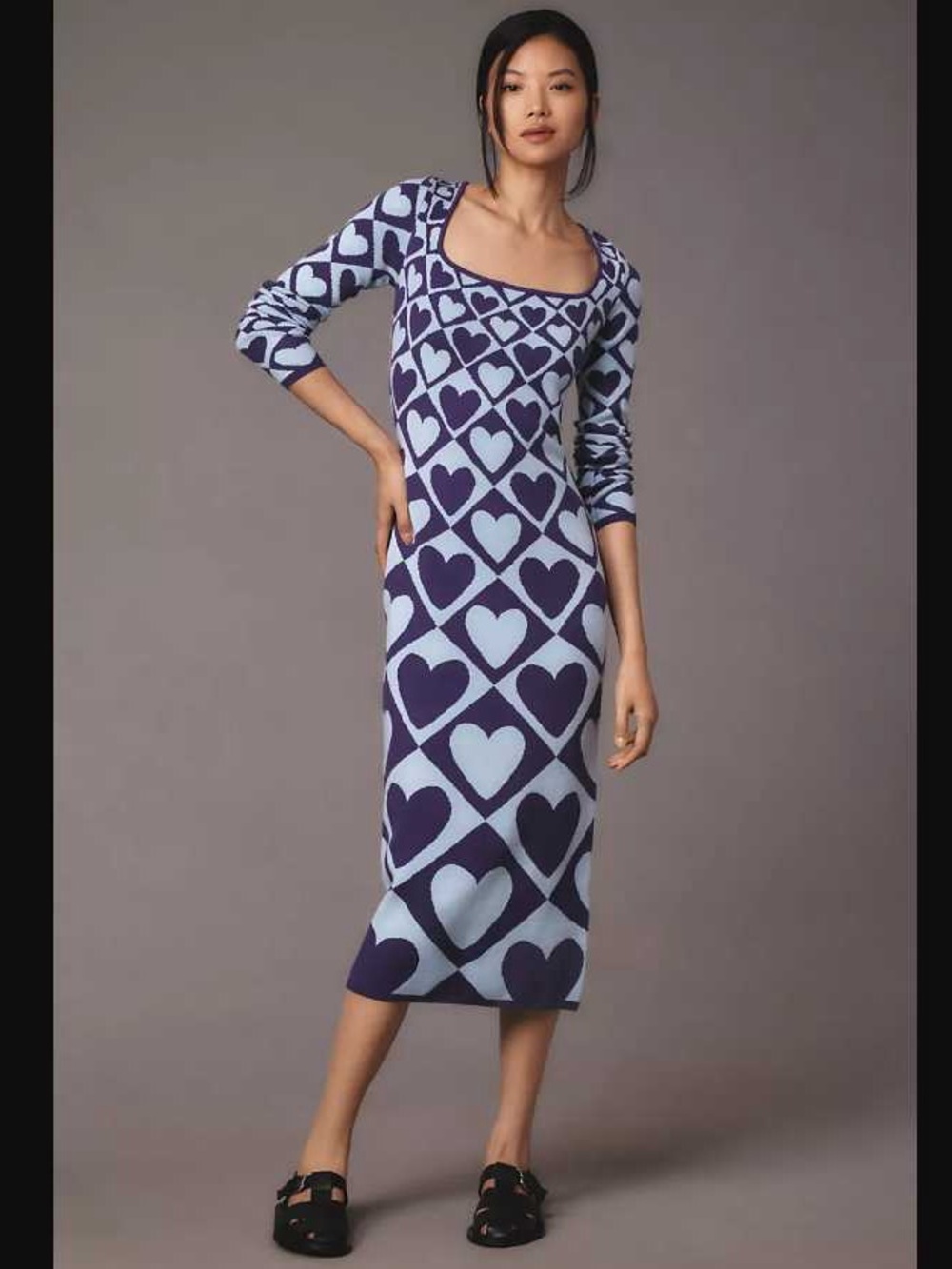 Farm Rio Geo Heart Long-Sleeve Midi Sweater Dress
